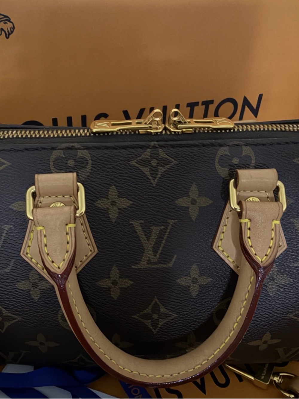 Louis Vuitton Monogram Canvas Satchel in Brown and Tan with Gold Hardware